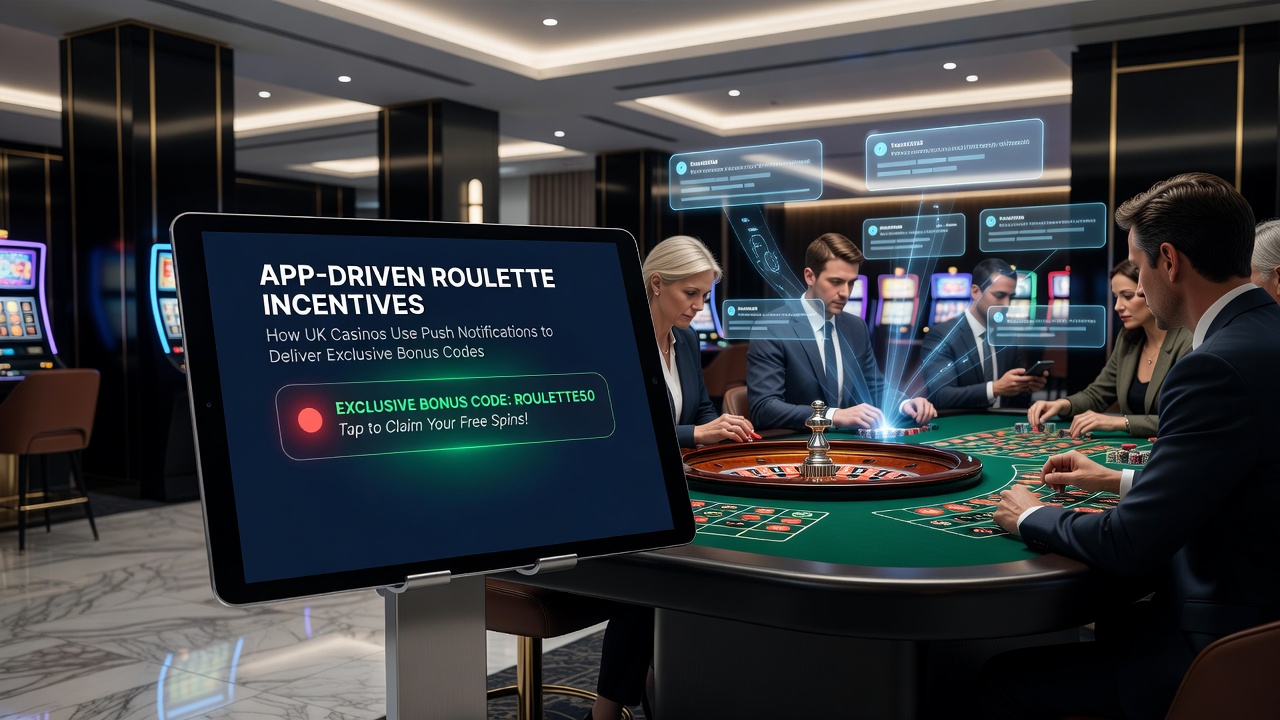 Close-up of roulette wheel on a mobile device with bonus code overlay from a push notification