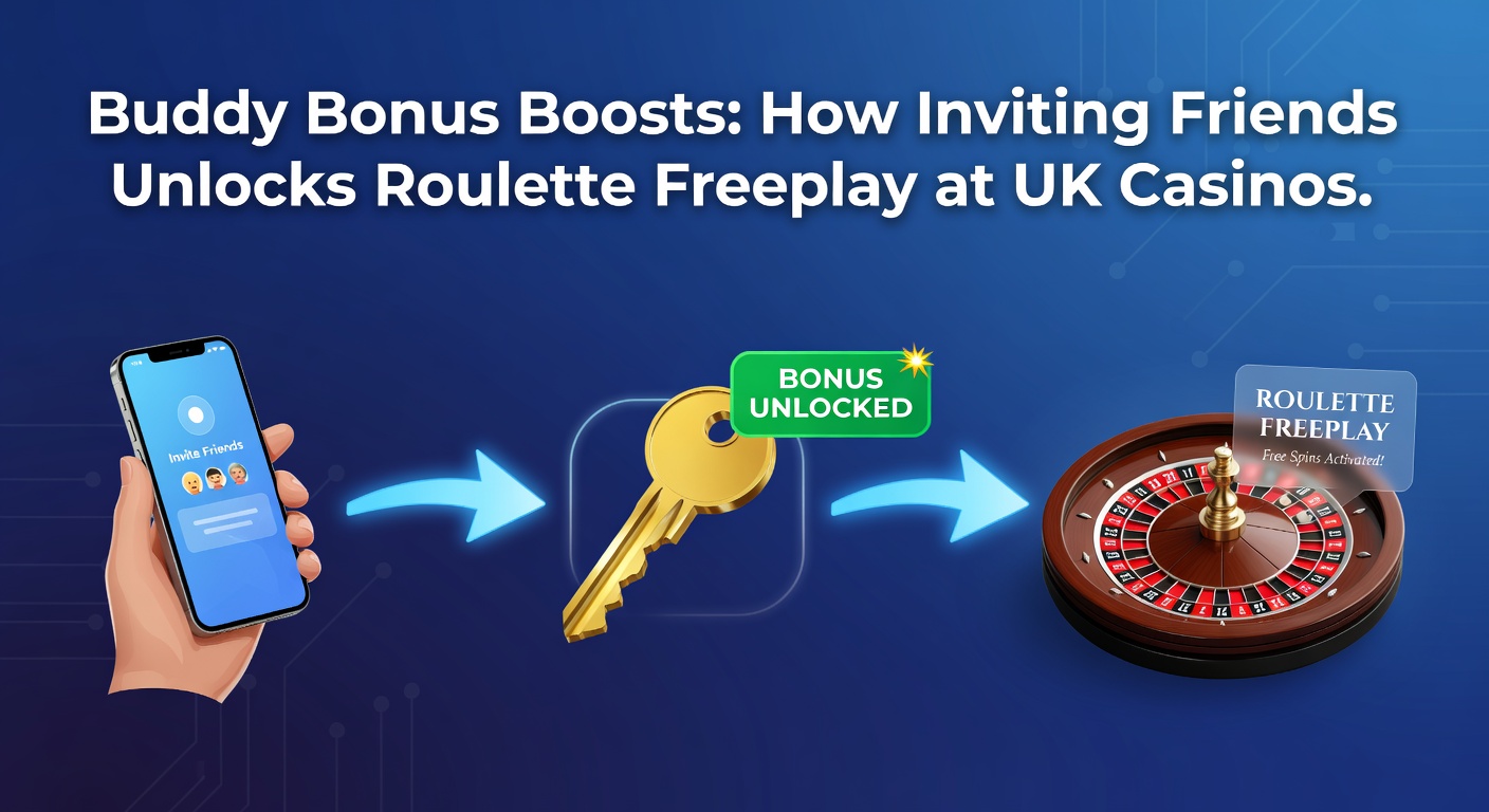 Screenshot of a casino referral dashboard showing active buddy bonuses and free roulette spins earned, with a vibrant wheel in the background