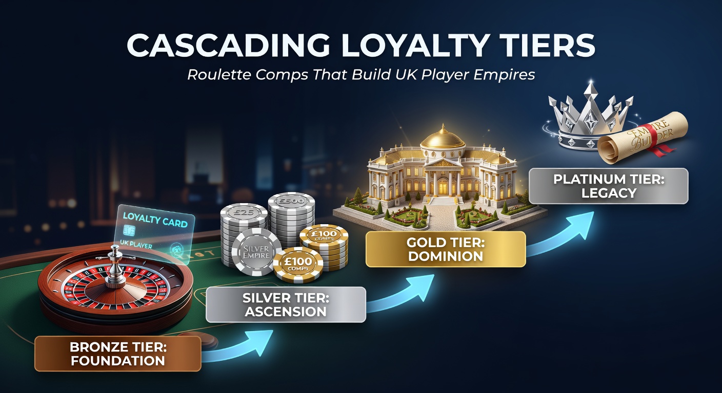 Graphic depicting a UK player progressing through loyalty tiers on a roulette wheel, with comp rewards exploding outward in a cascading effect