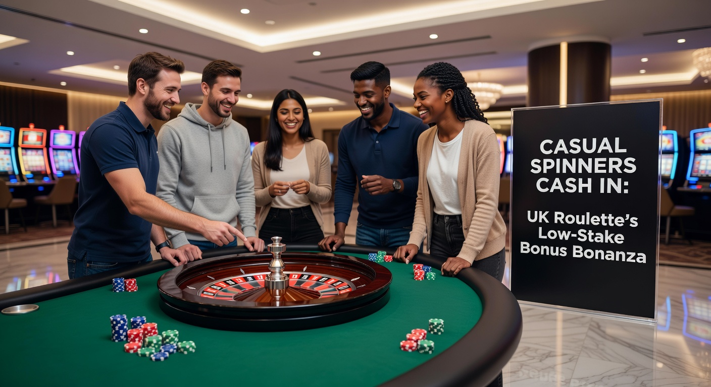 A vibrant roulette wheel spins with colorful chips stacked low on the table, symbolizing accessible low-stake play in UK online casinos
