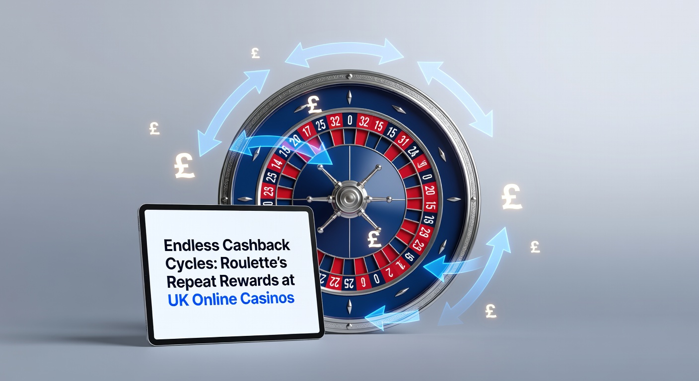 Vibrant roulette wheel spinning with cashback icons overlayed, symbolizing repeating rewards in UK online casinos