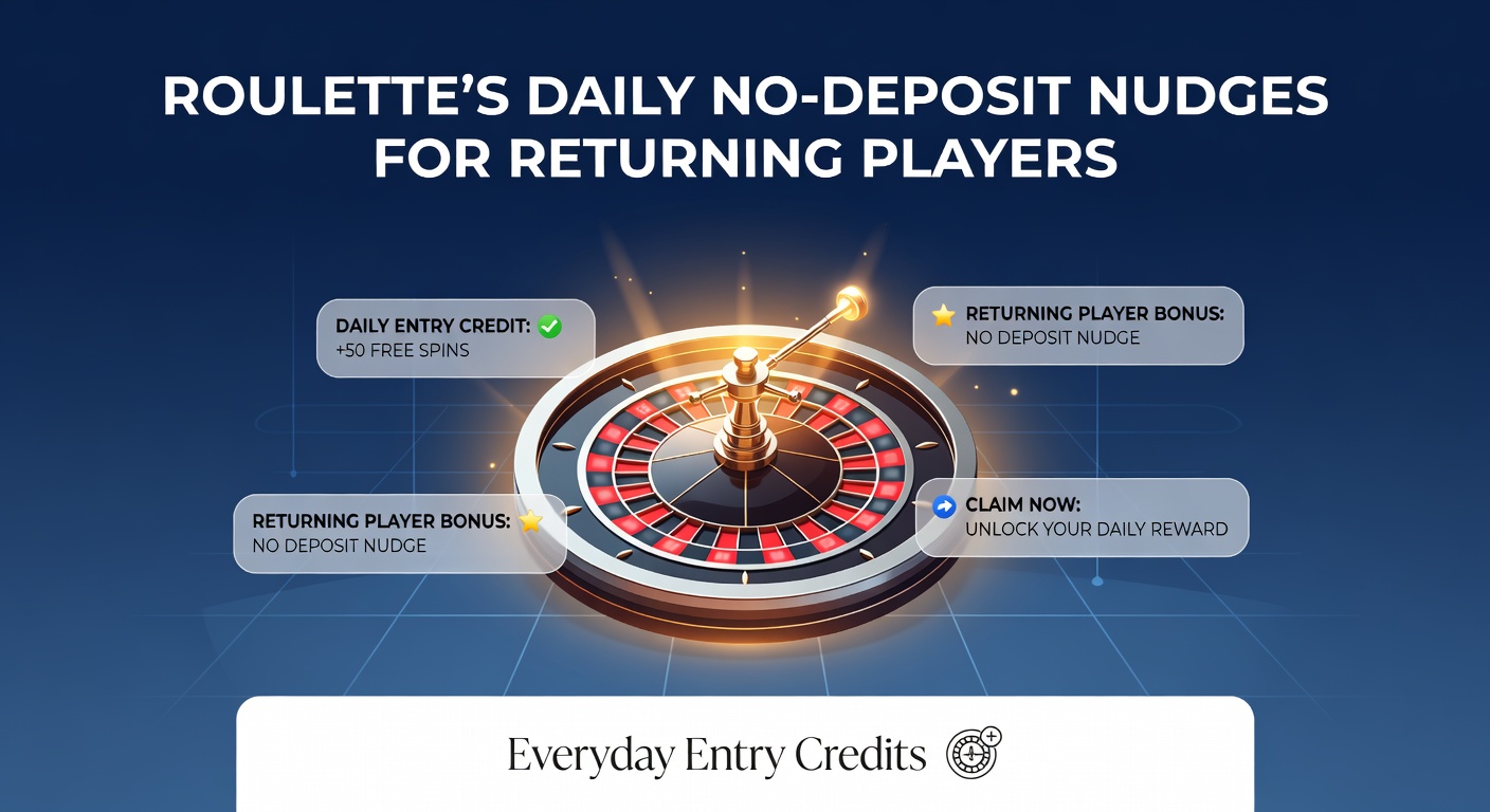 Roulette wheel spinning with glowing credit icons representing daily no-deposit bonuses for returning players