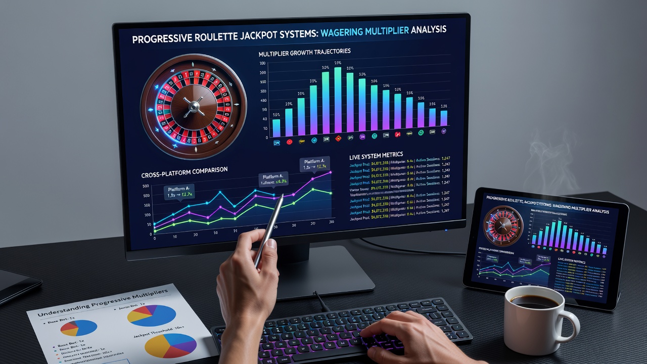 Screenshot of a digital roulette interface displaying progressive jackpot meter and applied wagering multiplier details