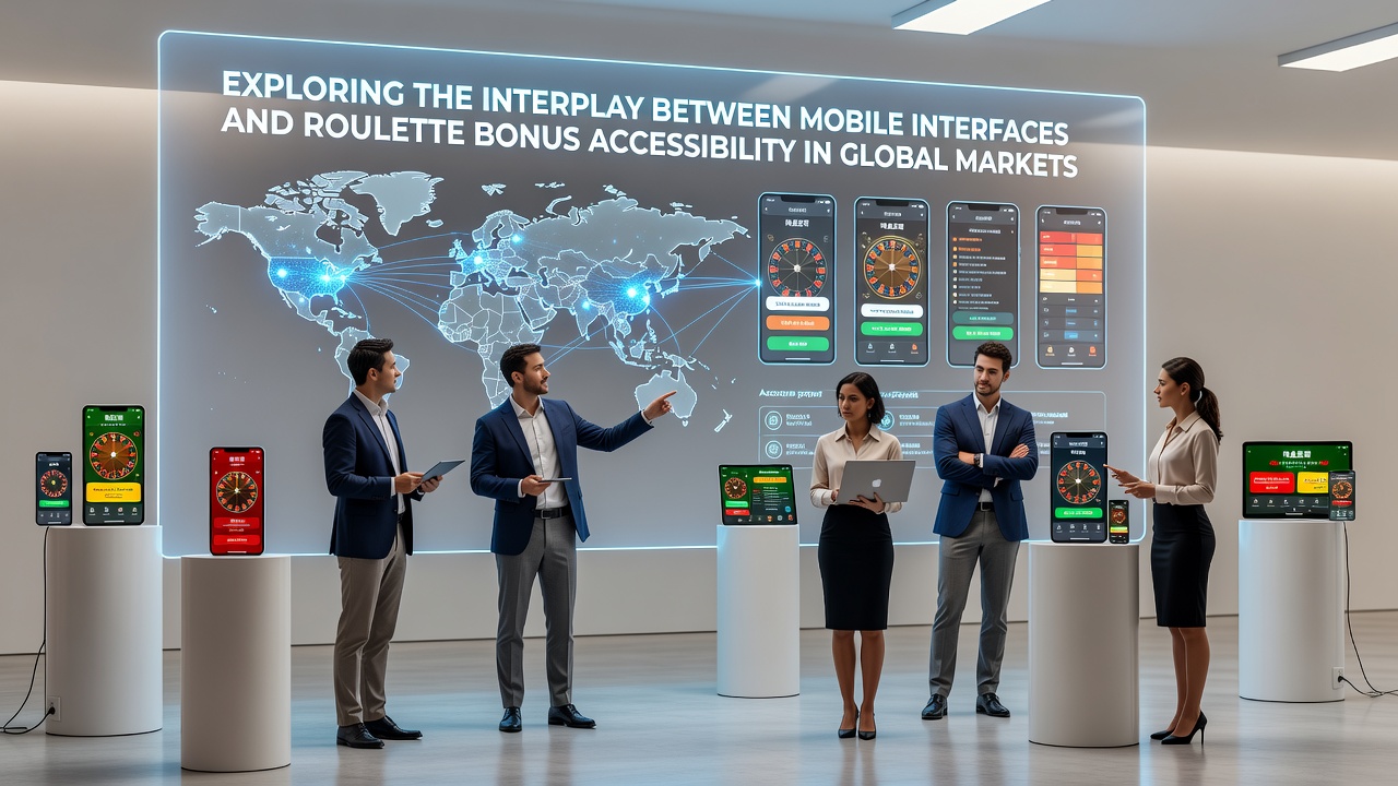 Global map overlay showing mobile device icons connected to roulette wheel symbols representing international market access patterns