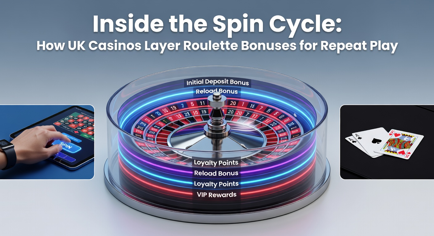 Dynamic graphic showing stacked roulette bonus layers spinning like a wheel, illustrating repeat play incentives in UK casinos