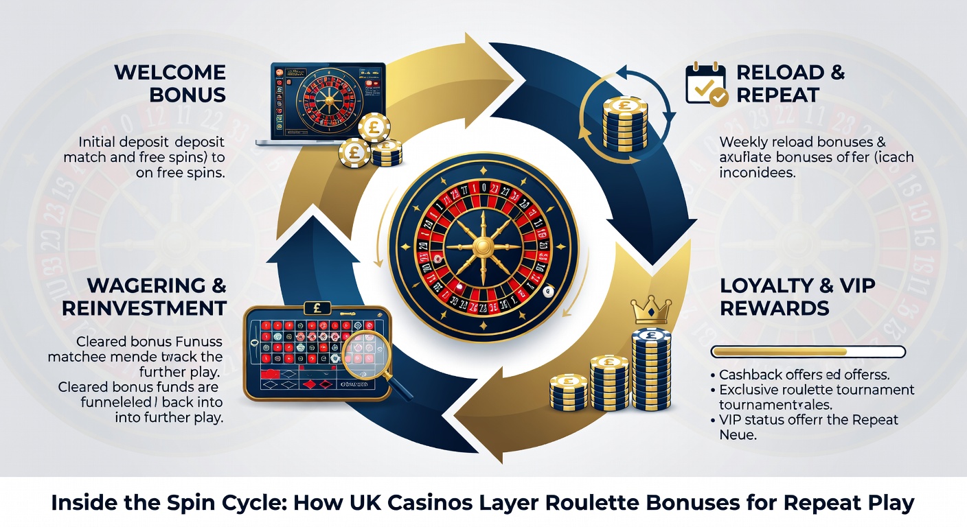 Close-up of a roulette table with glowing bonus layers overlayed, representing escalating rewards for sustained UK casino play