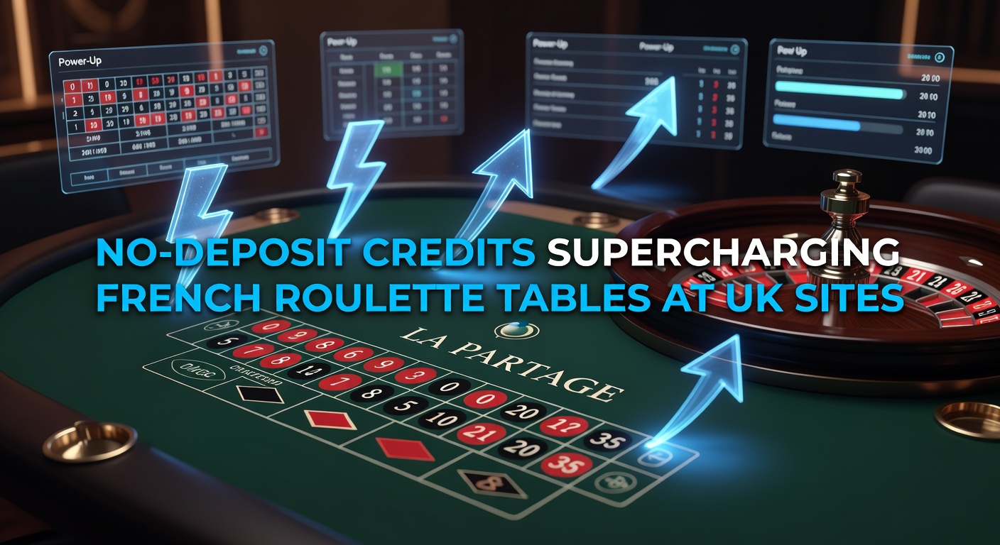 Vibrant French roulette table with La Partage rule highlighted, showing no-deposit credit icons boosting bets