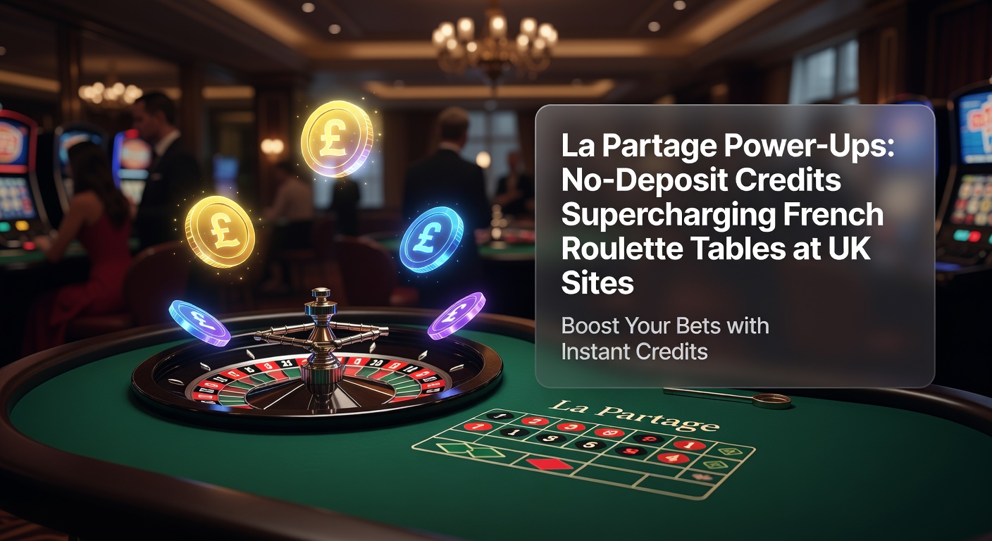 Dynamic screenshot of a UK casino app displaying La Partage power-up notification with no-deposit credits activating on a French Roulette table