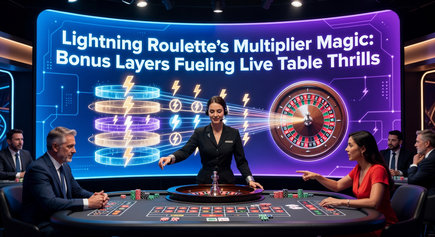 Vibrant Lightning Roulette live table with glowing multiplier lightning bolts striking selected numbers, capturing the electric atmosphere of high-stakes play