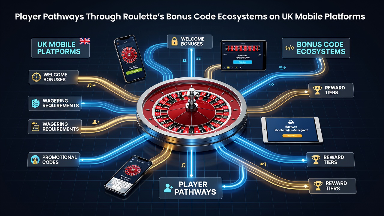 Illustration of mobile roulette interface showing bonus code entry points and player progression paths