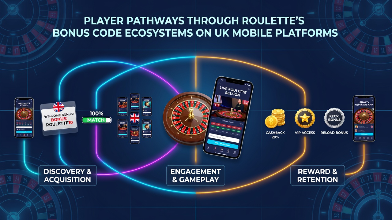 Diagram depicting interconnected bonus code flows and mobile app navigation routes for roulette players