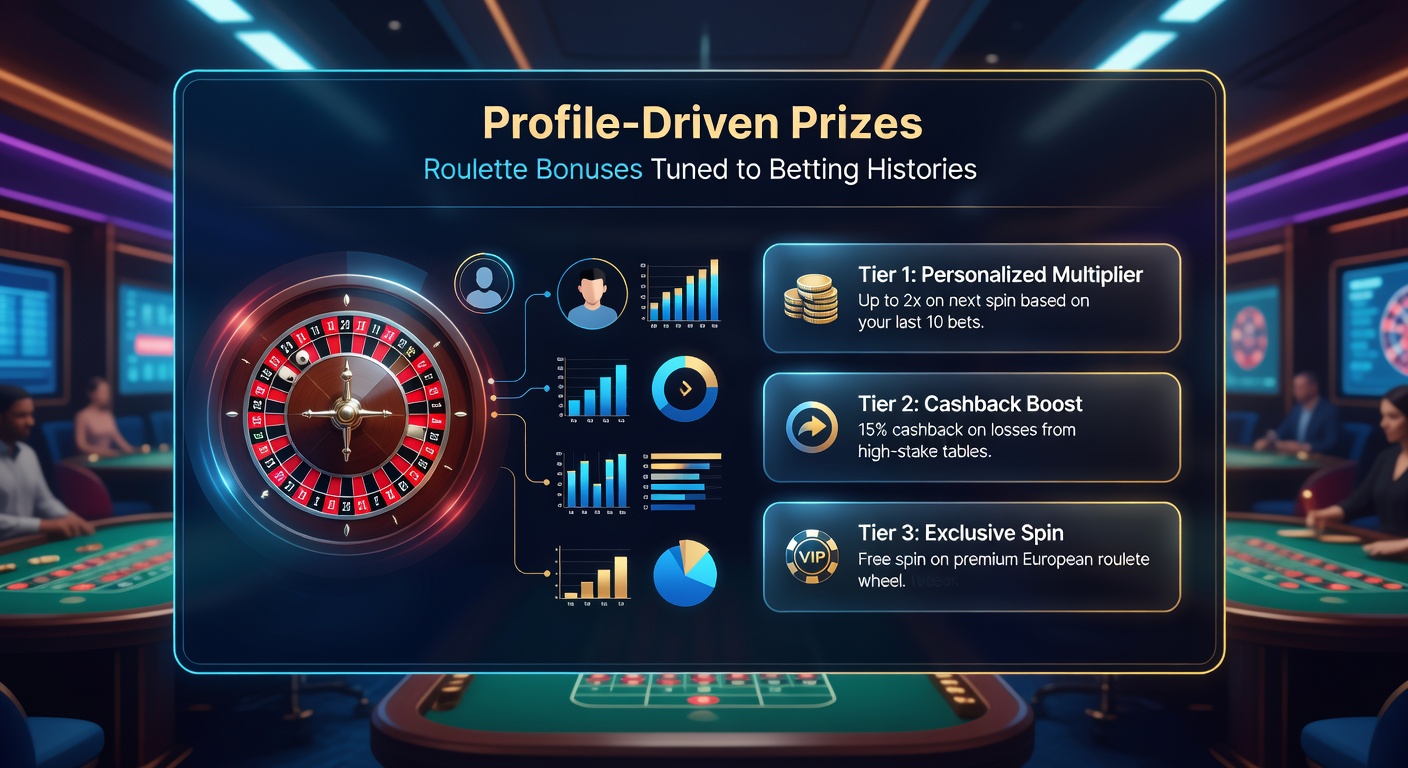 Close-up of a roulette wheel with overlaid data visualizations showing player profile metrics, bonus allocations, and betting history timelines