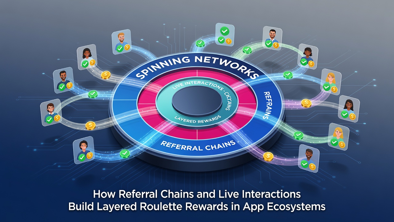 Illustration of interconnected referral chains and live chat interactions in mobile roulette app ecosystems