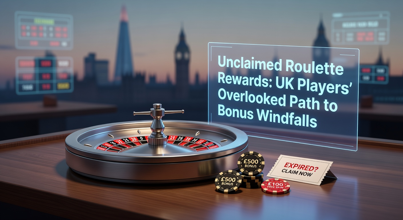A digital roulette wheel glowing with unclaimed bonus icons floating above it, symbolizing overlooked rewards waiting for UK players