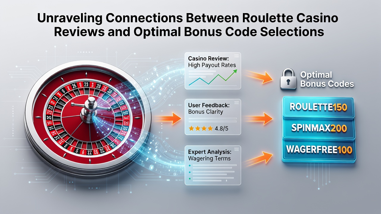 Roulette wheel with casino review documents and bonus code interfaces displayed side by side