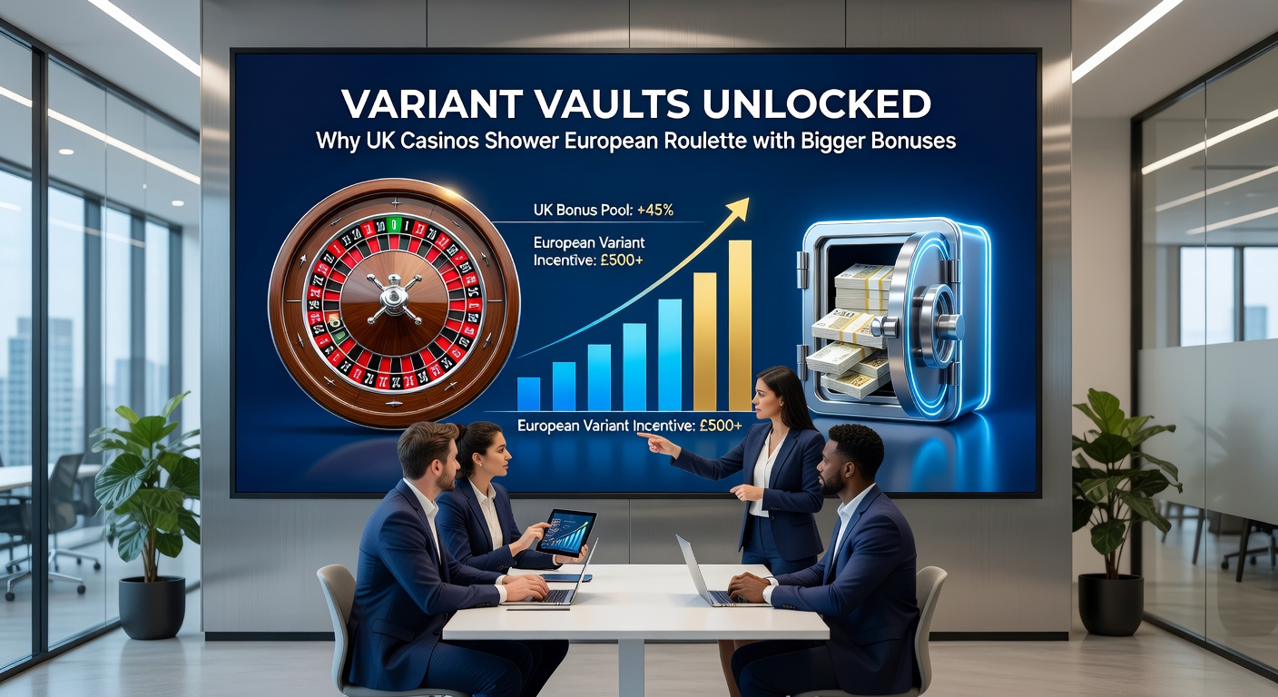 Comparison chart of bonus sizes for European vs American roulette in UK casinos, with stacks of chips and percentage graphs
