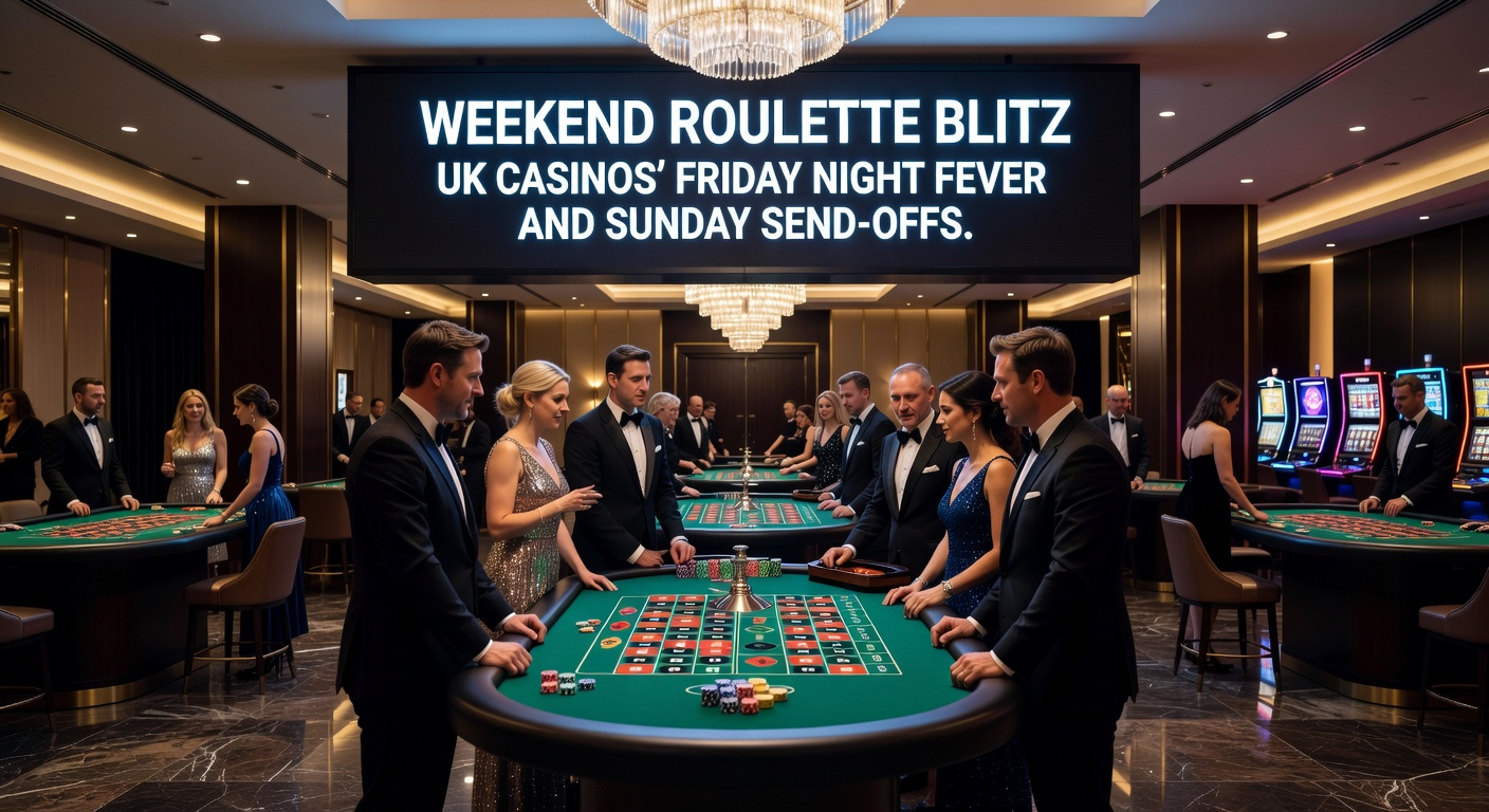 Vibrant roulette table under neon lights at a bustling UK casino, capturing the electric atmosphere of a Friday night session