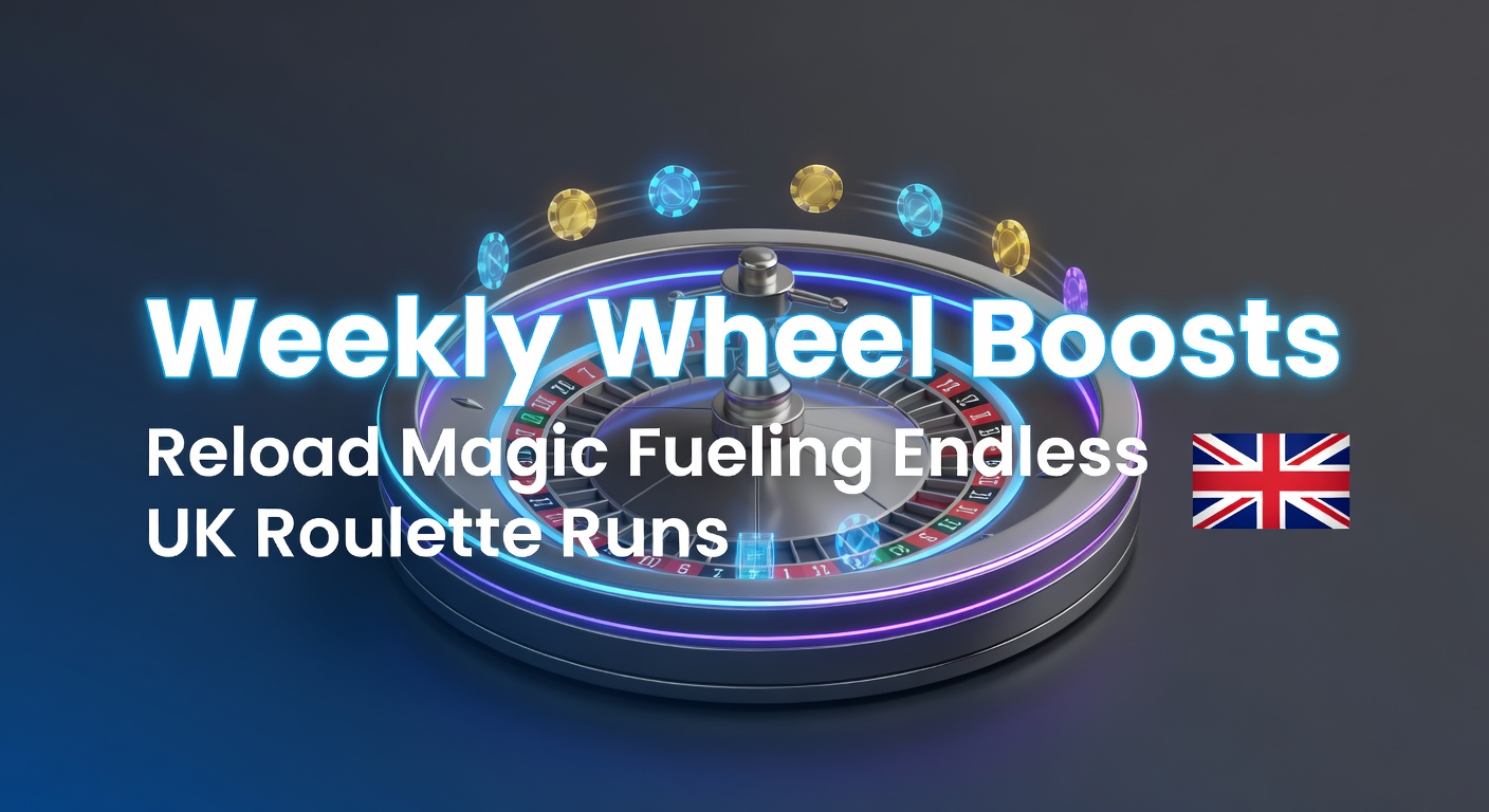 Vibrant roulette wheel spinning with glowing reload boost icons overlayed, symbolizing endless play fueled by weekly promotions
