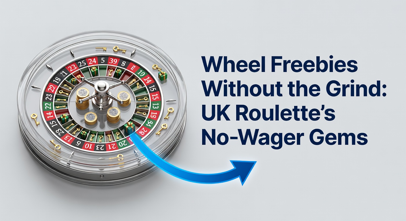 Vibrant roulette wheel with glowing no-wager bonus icons highlighting effortless free spins in UK online casinos